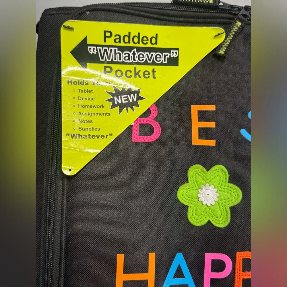 “Be Happy” Organizer 3 Ring Binder Black with Zipper Folder New